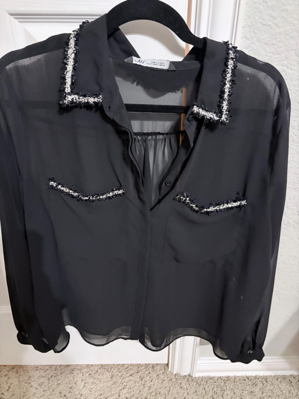 Zara Black Sheer Blouse with Tweed-Trim Collar